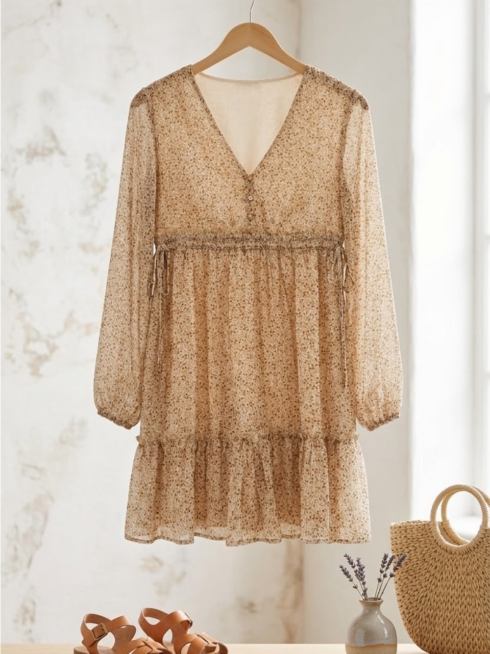 Promesa Beige Floral Long-Sleeve V-Neck Tiered Mini Dress
